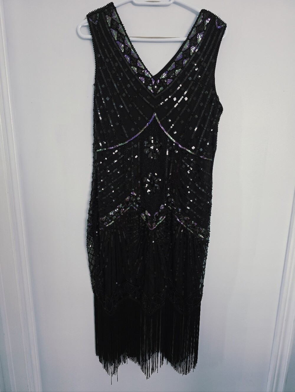 Babeyond Black Beaded Retro Gatsby Fringe V-Neck Women's Dress Size L XL